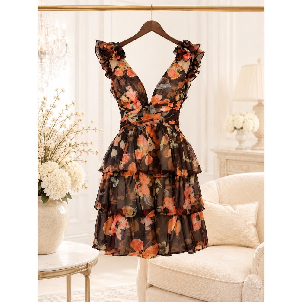 Glamour by Terani Couture Brown Floral Chiffon Lace Back Mini Dress NWT Large
